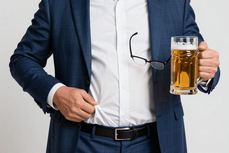 健康警示素材：中年西装与啤酒：职场生活的自黑时刻