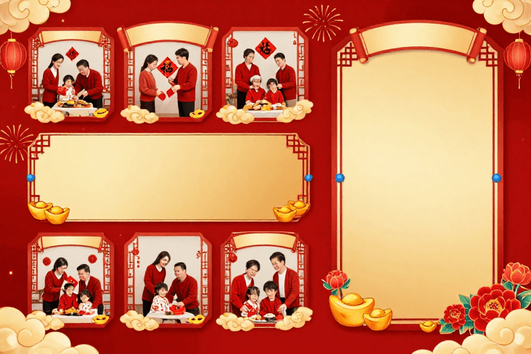 春节插画素材：喜庆新年主题：红金祥云团圆插画背景