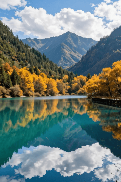 湖景摄影素材：碧镜湖光山色：秋日金色栈道的自然光影画卷