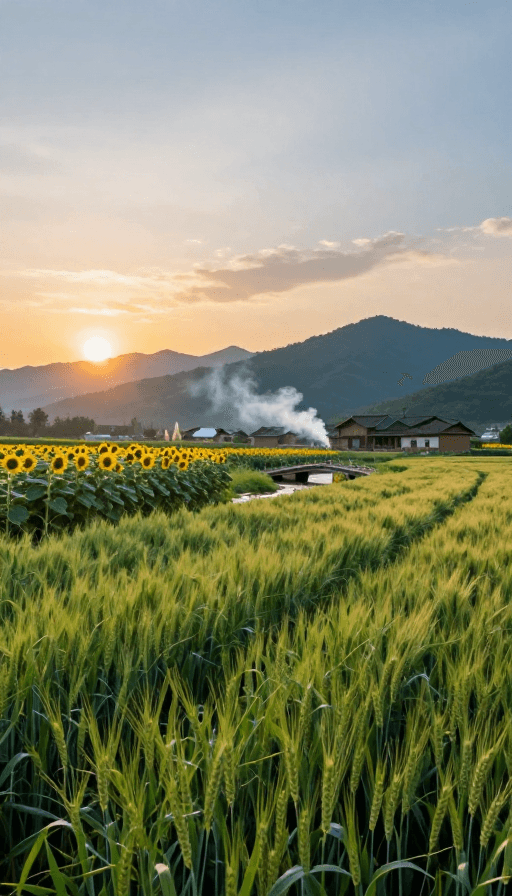 麦田素材：夕阳下的绝美农庄：麦田与花海共舞
