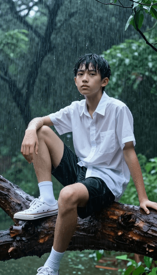 写实人像素材：暴雨中的少年：青春无畏的飒爽瞬间