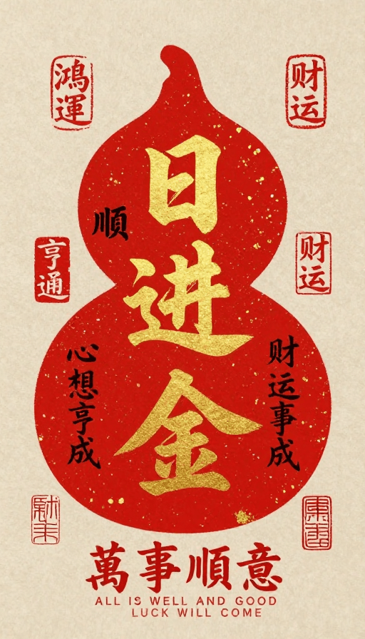 好运寓意素材：国潮书法：日进斗金 万事顺意