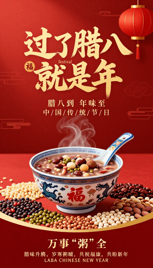 中国新年素材：红金中国风腊八节新年海报