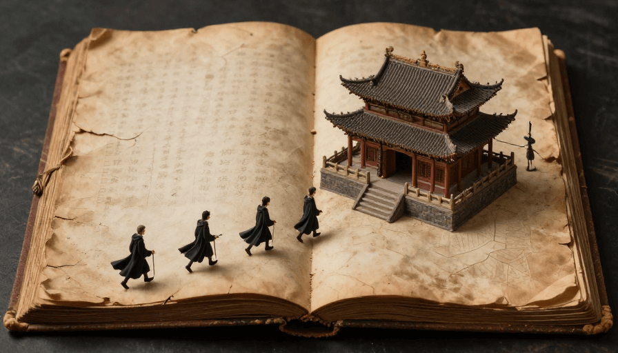 文化插画素材：古魔法书中的微型中国建筑与神秘法师群像