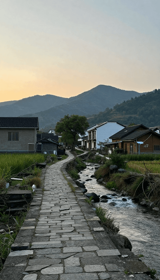 乡村风光素材：静谧山村：石径蜿蜒通向云遮雾绕的山峦