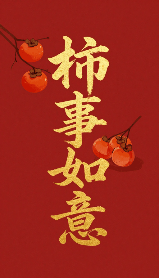 柿子图案素材：金箔柿事如意插画：红色极简笔触传递好彩头