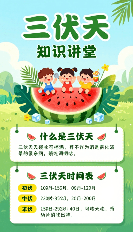 教育海报素材：清新夏日：三伏天知识科普插画海报