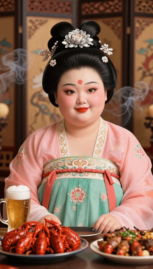 古典服饰素材：唐代奇幻少女：超现实美食场景的古典韵味