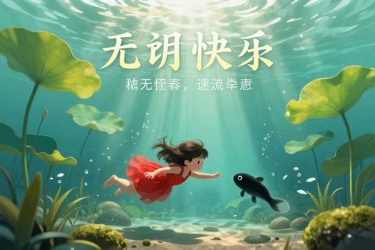 光影效果素材：青绿梦境：少女与黑蝌蚪的池塘奇遇