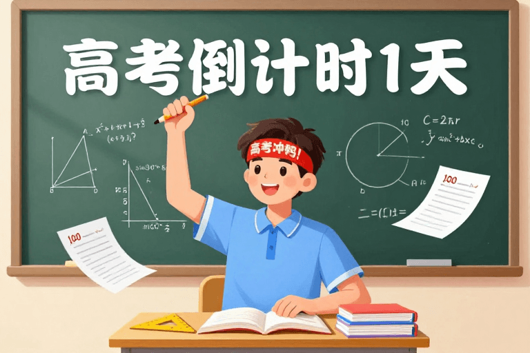 倒计时一天素材：高考冲刺：插画风格备考激励海报