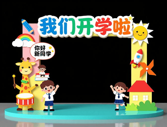 创意海报素材：童趣开学季：彩虹立体装置欢迎新同学