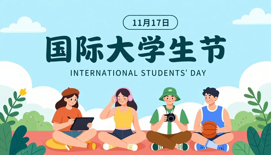 国际大学生节素材：清新扁平插画国际大学生节海报，展现青春活力