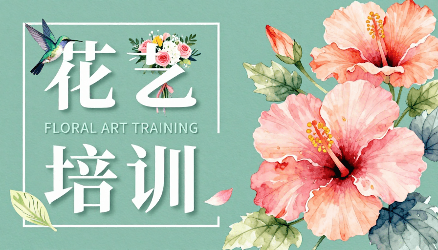 水彩插画素材：青绿水彩风花艺培训现代插画海报