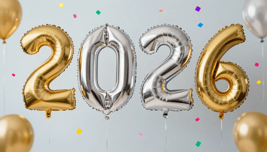 新年庆典素材：2026新年庆典：金属质感气球光影盛宴