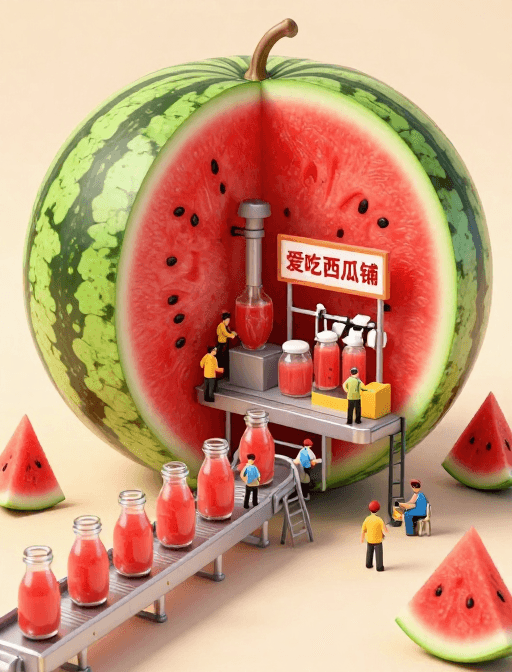3D动画素材：巨幕西瓜内藏微型工厂：爱吃西瓜铺生产线