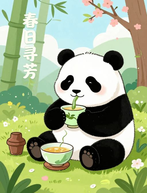 大熊猫素材：春日成都治愈之旅，熊猫与茶文化的插画漫游