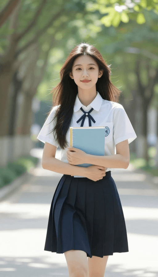 林间小径素材：青春活力：林间漫步的女大学生