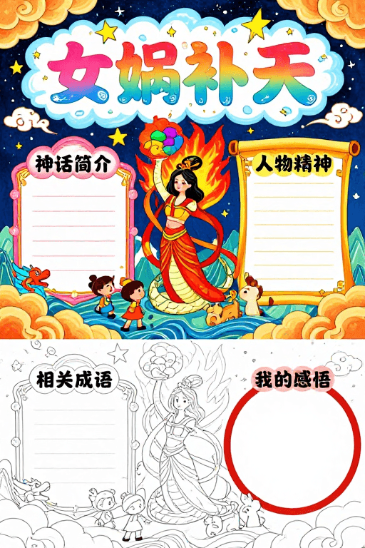 手绘艺术素材：五彩石补天·童趣国风神话插画