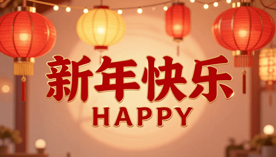 灯笼装饰素材：新春佳节·红色立体字与灯笼光影艺术