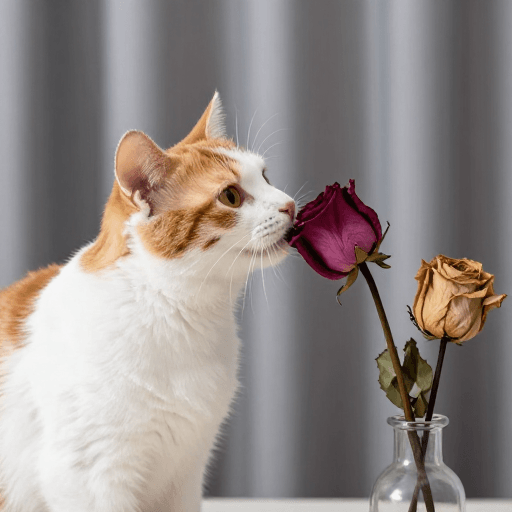 枯玫瑰意象素材：橘猫轻吻枯玫瑰，柔光静默的怀旧瞬间