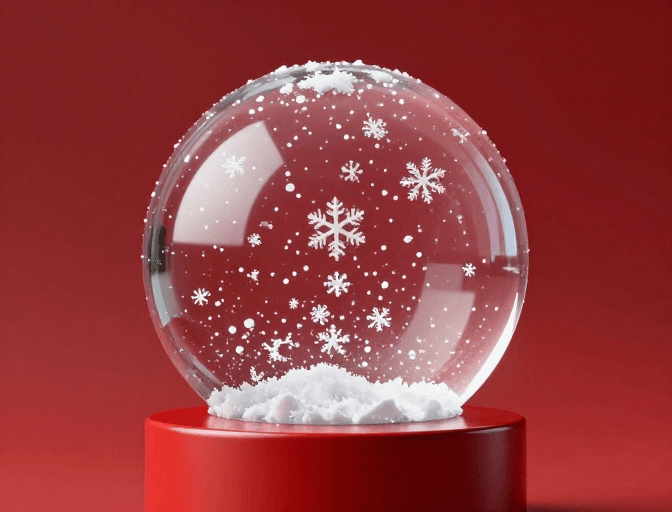 高清晰摄影素材：红底晶莹雪景球：梦幻冬季光影艺术