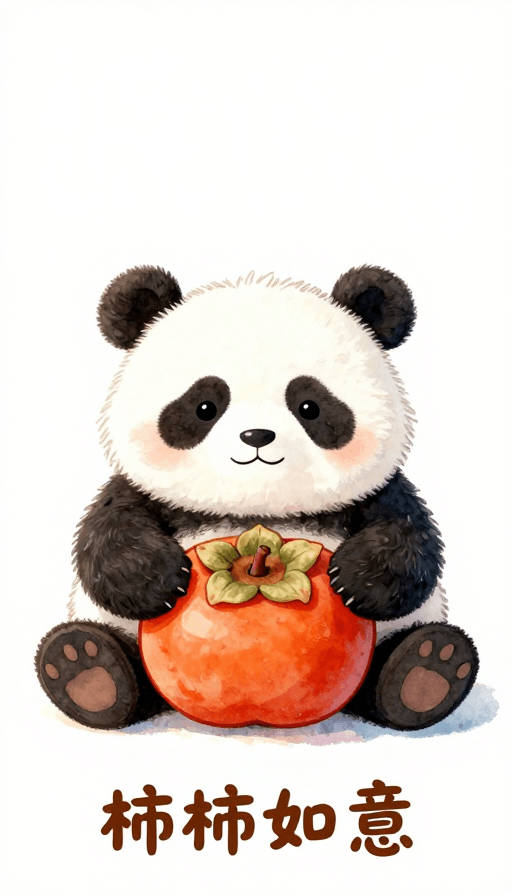 吉祥寓意素材：可爱大熊猫抱红柿子水彩治愈风插画
