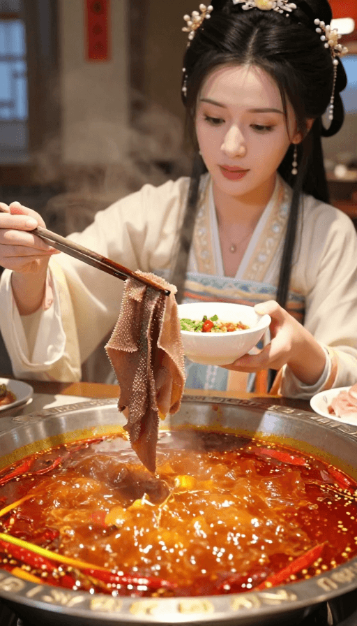 特写镜头素材：古装美女涮重庆火锅：电影质感的奢华盛宴