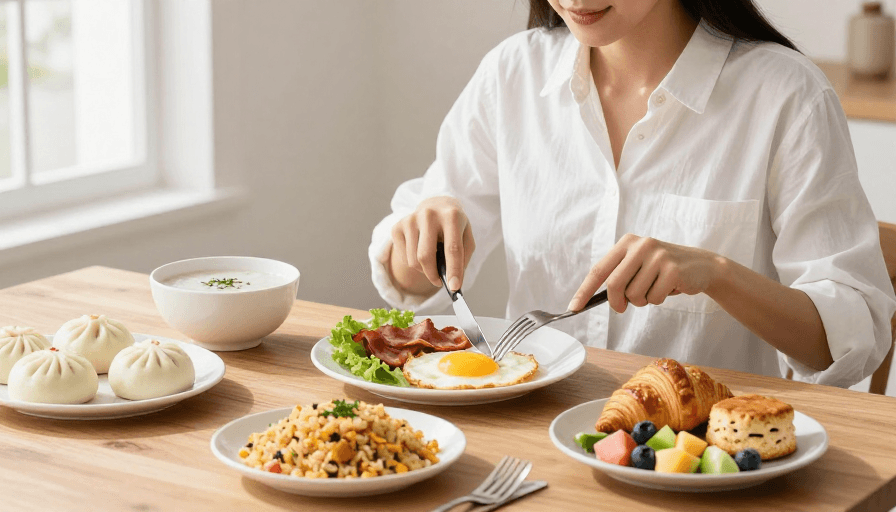 木质餐桌素材：晨间健康盛宴：亚洲女性享用精致早餐