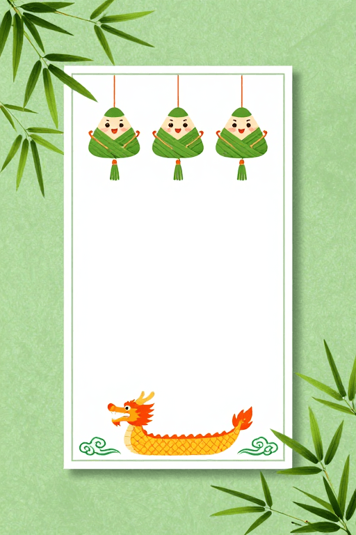 端午节素材：端午快乐！清新卡通粽龙舟插画卡片设计