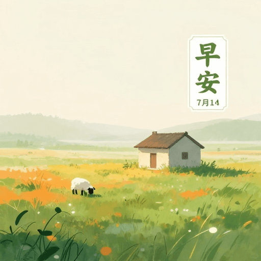 治愈系插画素材：晨曦中的水墨草原小屋早安海报