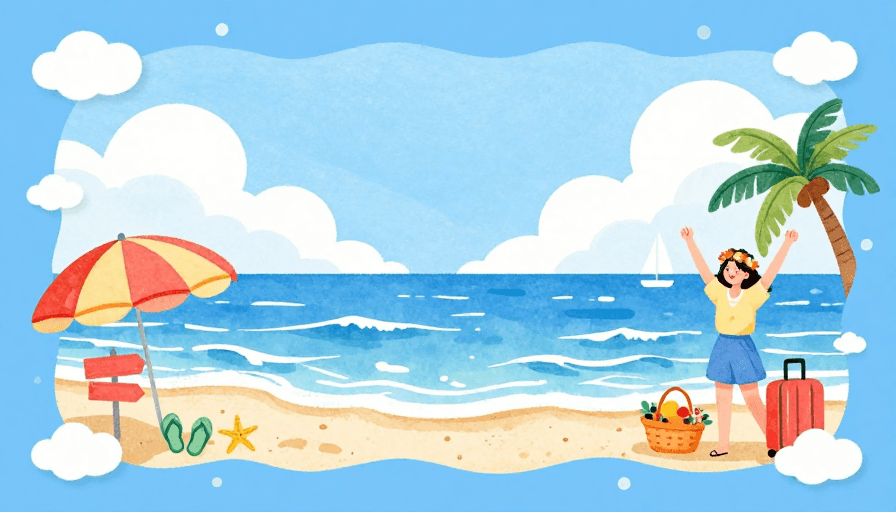 水彩插画素材：清新水彩夏日海滩插画，度假氛围感十足