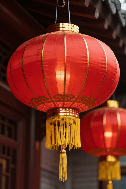 红色灯笼素材：传统红灯笼特写：暖光与祥云的节日氛围