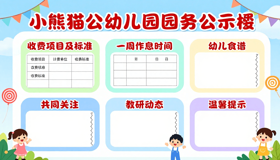 童趣设计素材：小熊猫幼儿园童趣园务公示栏设计图