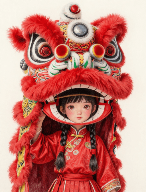古风插画素材：红色醒狮少女：非遗彩铅艺术的极致呈现