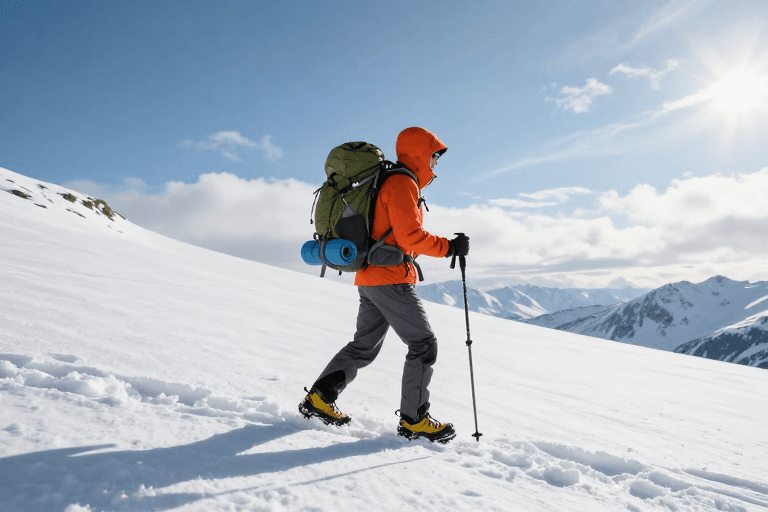 橙衣徒步素材：雪山之巅：橙色冲锋衣登山者的自然探险瞬间