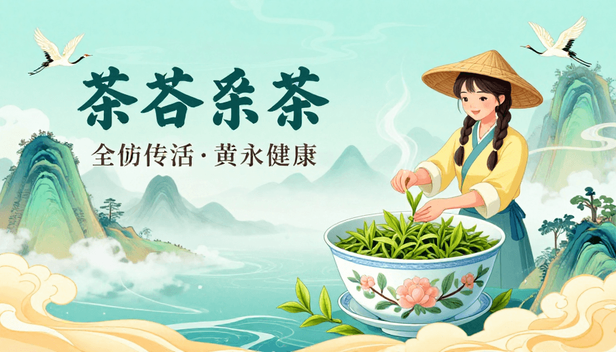非遗元素素材：青绿山水采茶韵，诗意中国风海报