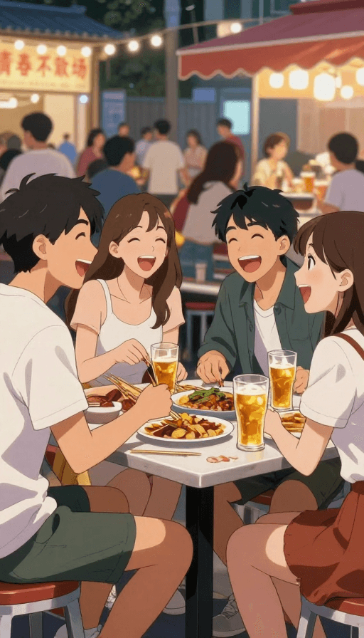 动漫插画素材：青春不散场：夏日夜市撸串欢乐派对