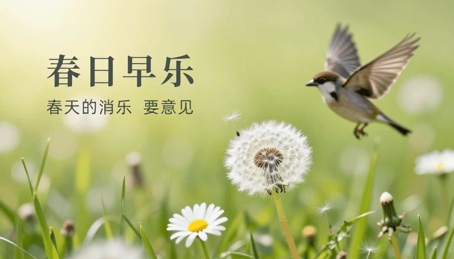 留白设计素材：春日微距：蒲公英与雏菊在草地的诗意绽放