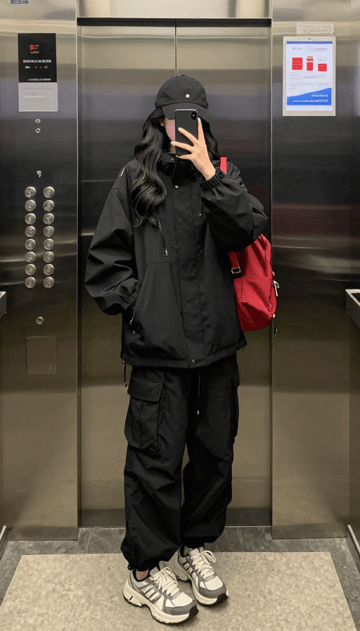 日常穿搭素材：时尚都市风温柔少女电梯自拍