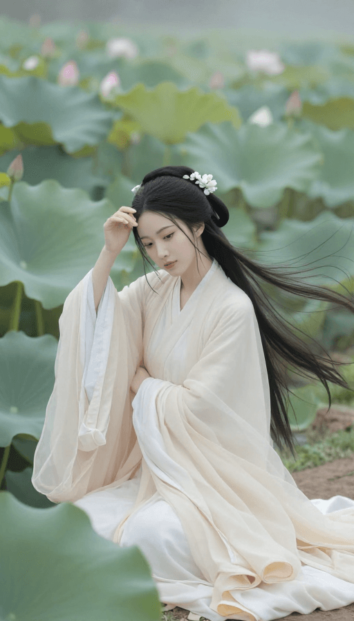 清冷气质素材：荷塘清影·国风诗意汉服美人
