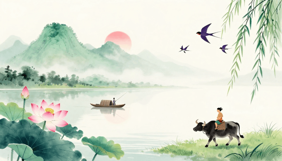 UI设计素材素材：淡雅水墨山水：留白意境与诗意田园风光