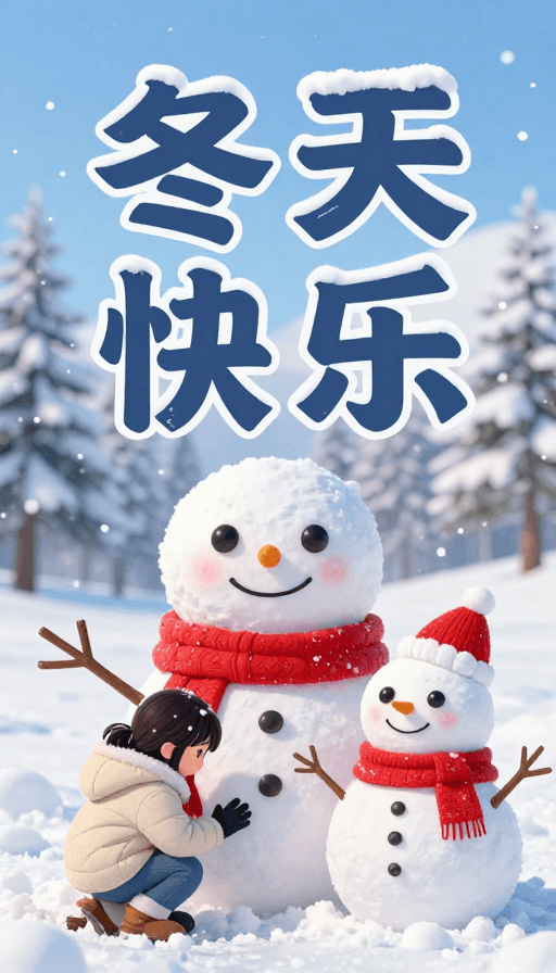 插画风格素材：冬日雪趣快乐堆雪人