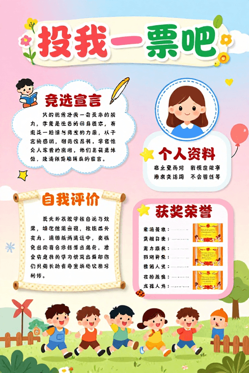 低年级教育素材：童趣手绘儿童竞选海报：色彩明丽校园风采
