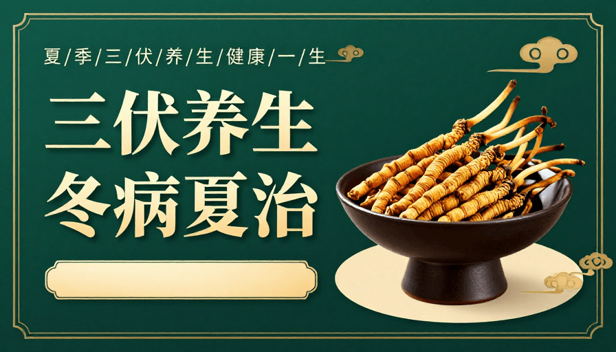 中式设计素材：深绿金线中式养生海报：三伏冬病夏治