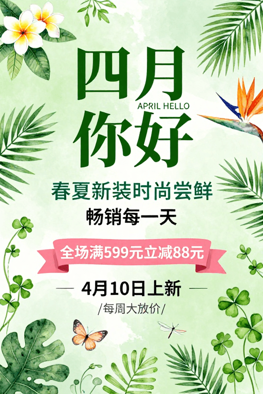 水彩风格素材：清新水彩春季促销海报：春夏新装时尚尝鲜