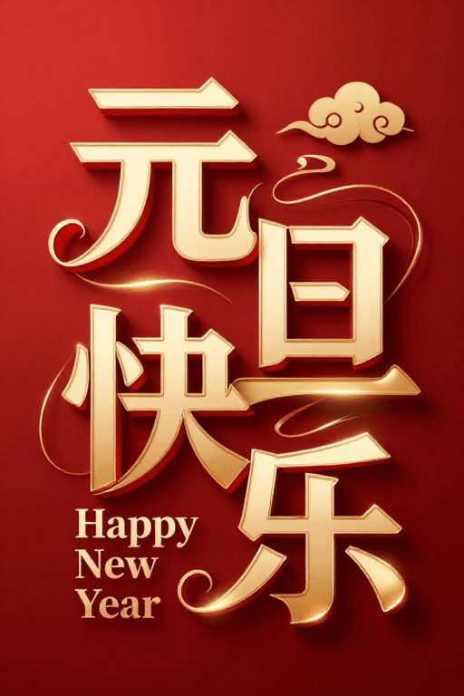 高端海报素材：元旦快乐现代字体设计：暖金深红交织新年商业海报