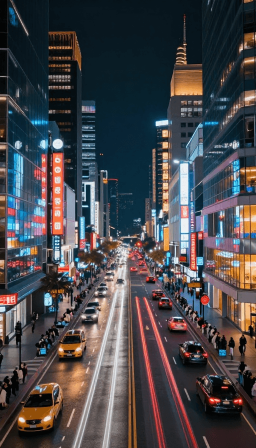 繁华街道素材：霓虹璀璨的超写实都市夜景：车流光轨与玻璃倒影交织