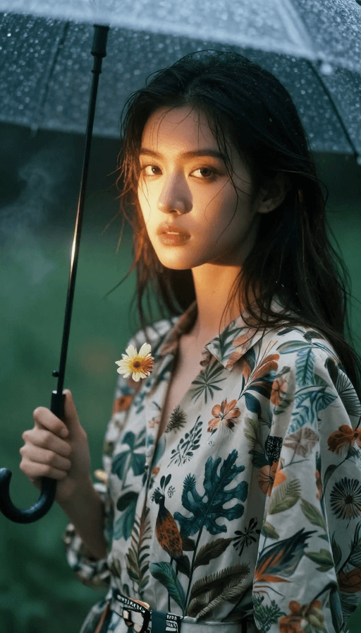 电影质感素材：雨中霓虹：DORIS奢牌植物时装电影感人像摄影