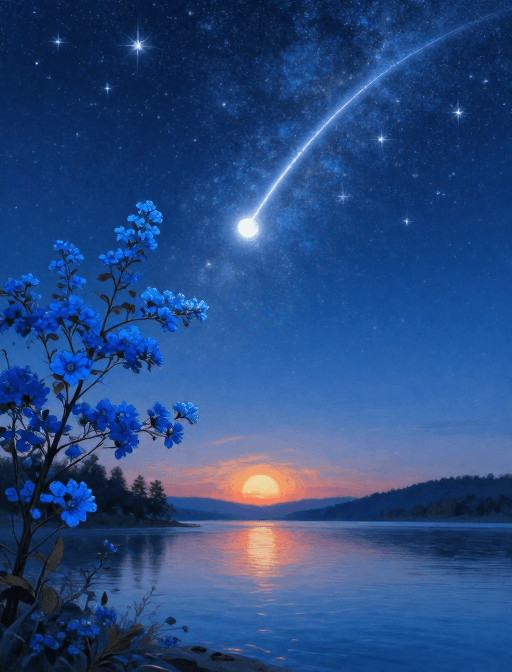 夜空素材：梦幻蓝色夜空：流星划过银河与湖面的宁静画卷