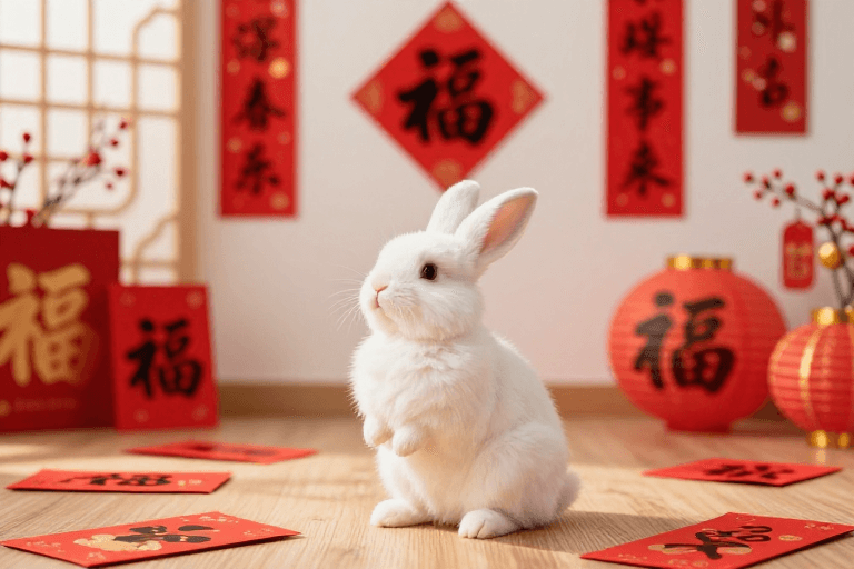 商业广告图素材：兔跃新春：暖红金饰下的福运祈福图景